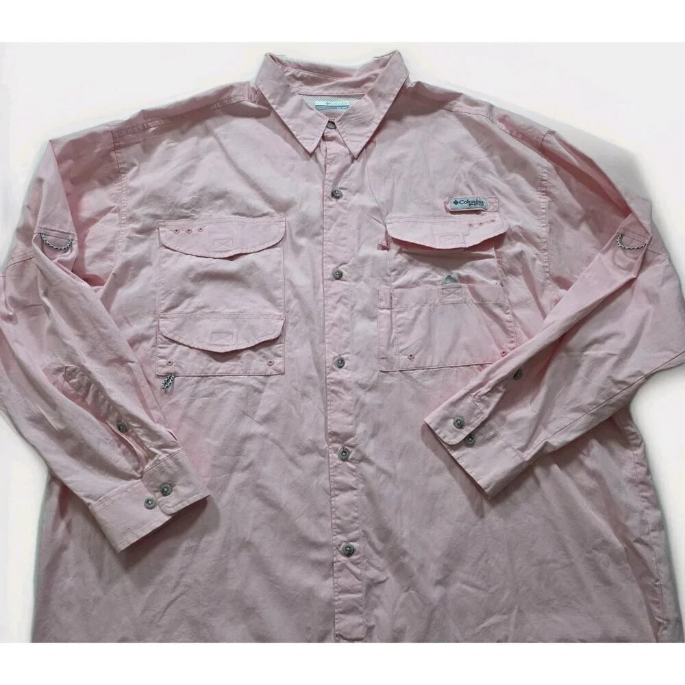 Columbia PFG Fishing Shirt Men XXL Pink Long Sleeve Bonehead Mesh Pockets FM7120